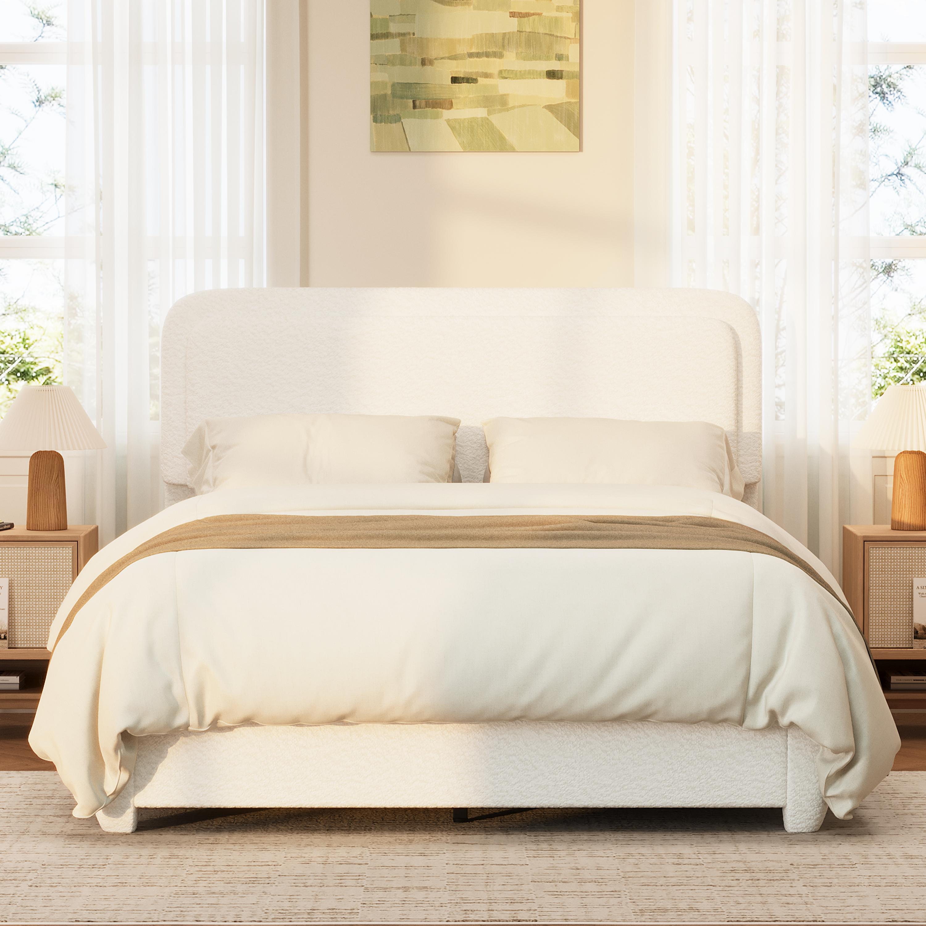 Queen Size Bed Frame with Adjustable Height Headboard, Modern Queen Platform Bed with Curved Cloud Headboard, Elegant Boucle Fabric Low Profile Platform Bed, No Box Spring Needed, Easy Assembly, White