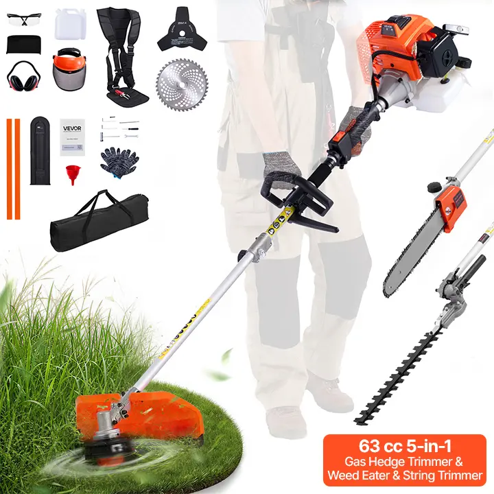【summerfinds】VEVOR Gas Hedge Trimmer, 2 Cycle Gas Power Handheld Hedge Trimmer, 5-in-1 63cc Cordless Weed Eater with Protective Gear Set, Includes Hedge and String Trimmer, Brush Cutter(3T & 40T Blades), Pole Saw