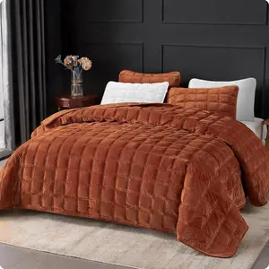 108'' x 96'' Velvet Quilt Set King Size, Lightweight Velvet Comforter Bedding Set, Ultra Soft Bedspread Coverlet with 2 Matching Shams, for All Seasons, Burnt Orange