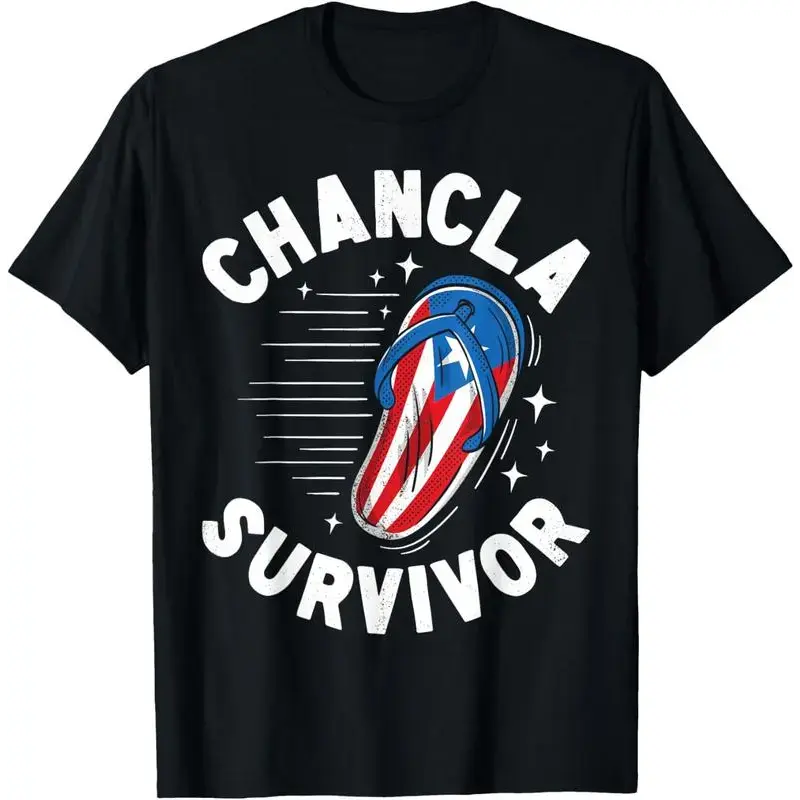 Men's Short-Sleeve T-Shirt with Humorous Spanish Text, "Chancla Survivor" Puerto Rico Lettering Graphic for Menswear, Humorous Spanish Text Graphic Men's Short-Sleeve T-Shirts, Puerto Rico Lettering Men's Short-Sleeve T-Shirts, Spanish-Themed Graphic Men'
