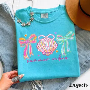 Comfort Colors Summer Vibes Neon T-Shirt, Preppy Seashell Bow Graphic Tee, Coastal Beach Summer Shirt, Retro Pearl Shell Vacation Top
