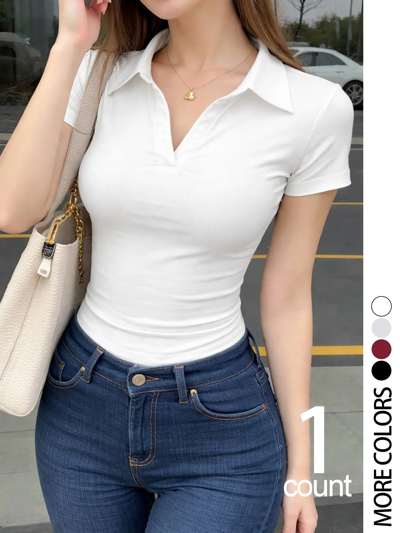 Women's Casual Slim Fit Design Polo Neck Short Sleeve Top Collared Top, Comfortable Soft Fabric, Perfect for Outdoor Shopping Friend Gatherings Trendy Shirts Womenswear