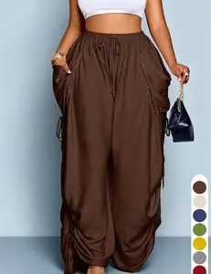 Women's Casual Loose-Fit Wide Leg Drawstring Pants, Womenswear, All-Season Woven Fabric, Long Plain Design, Daily Commute & Vacation Wear