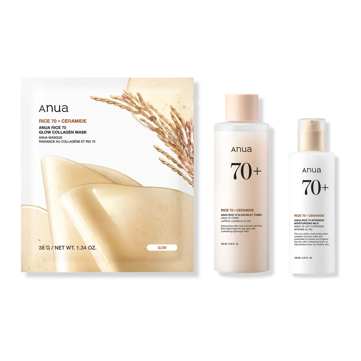 Anua Korean Rice 70 Skin 3-Step Routine - Intensive Moisturising Milk, Milky Toner And Glow Collagen Mask Anua Korean Rice 70 Skin 3-Step Routine - Intensive Moisturising Milk, Milky Toner And Glow Collagen Mask