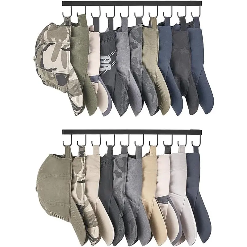 Set of 2  Hat Rack for Wall Hat Storage Organizer for 20 Baseball Caps, Modern Metal Closet Hat Hooks,  Black