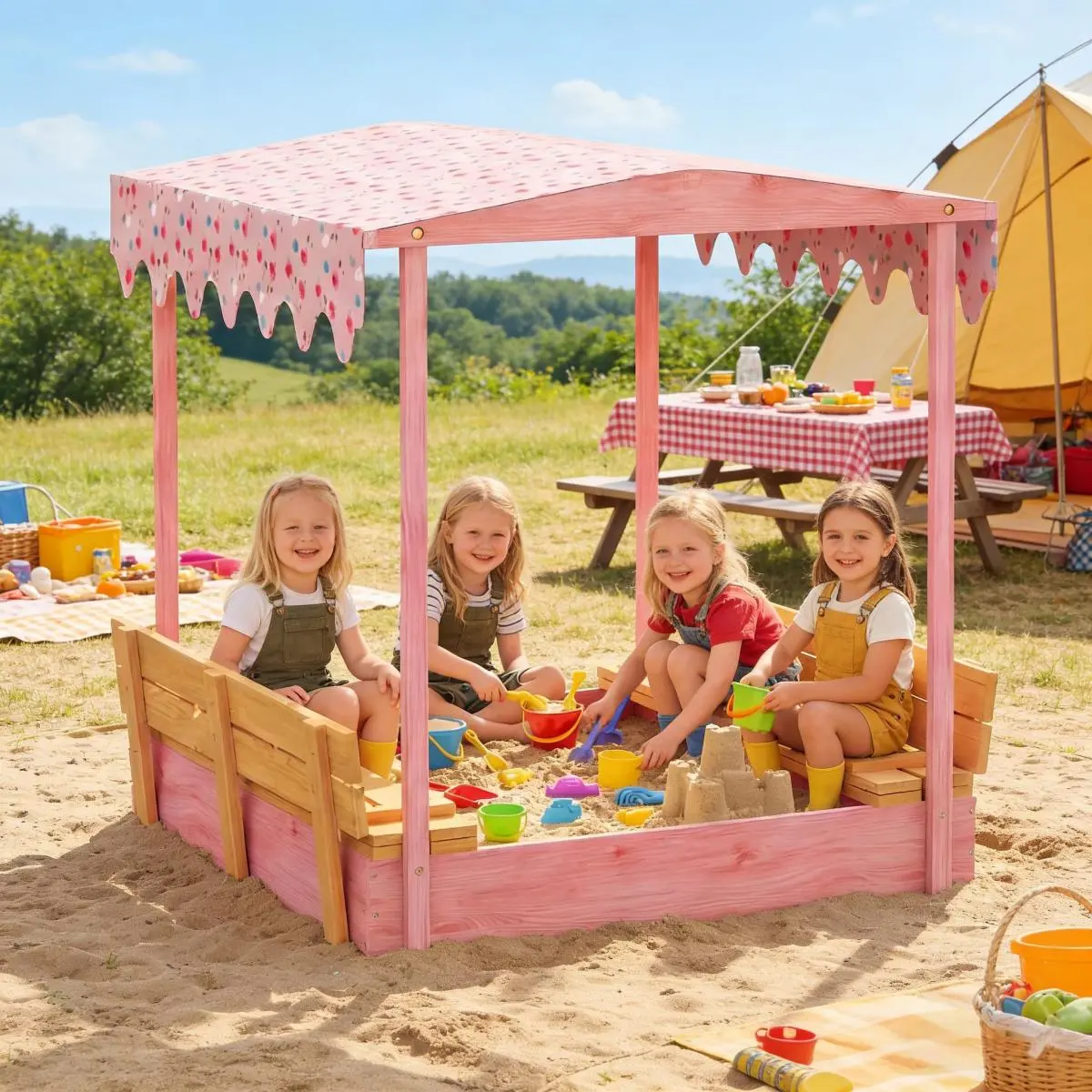 Aobtkel Kids Sandbox with Flamingo Canopy Foldable Benches Convert to Cover Wooden Sandpit 2 Seats with Backrest 638lbs Capacity Outdoor Backyard Garden Playground for Children Age 3-6 Boys Girls Gift Idea Pink Yellow