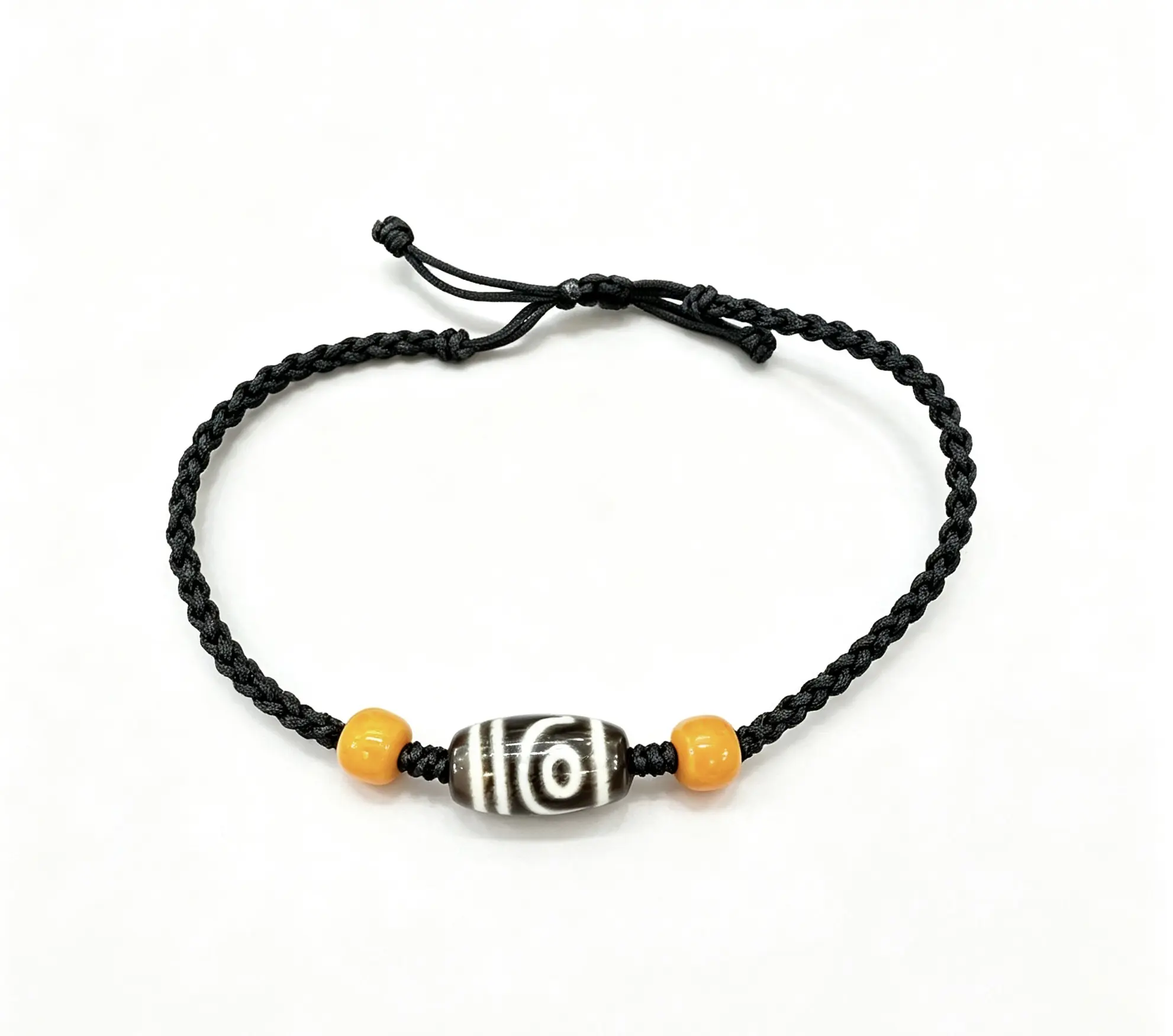 Handmade Adjustable Black Braided Cord Anklet, Vintage Geometric Style Bead with Yellow Accent Beads Unisex Foot Jewelry