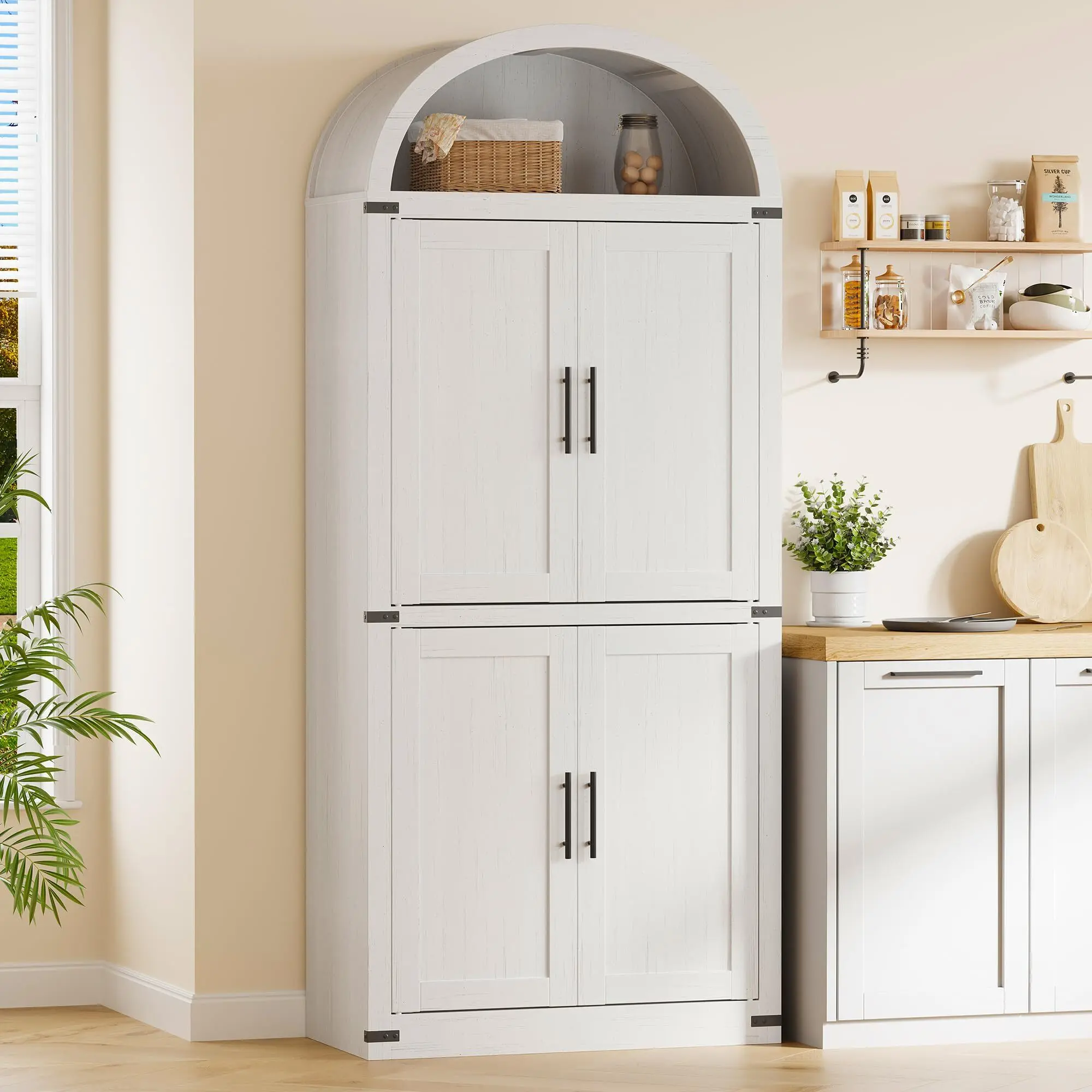 Arched Cabinet 71.6" Tall Kitchen Pantry, Farmhouse Storage Cabinet, Large Storage Pantry with Doors, Arched Bookcase with Cabinets, 5 Tier Kitchen Cabinets for Dining Room