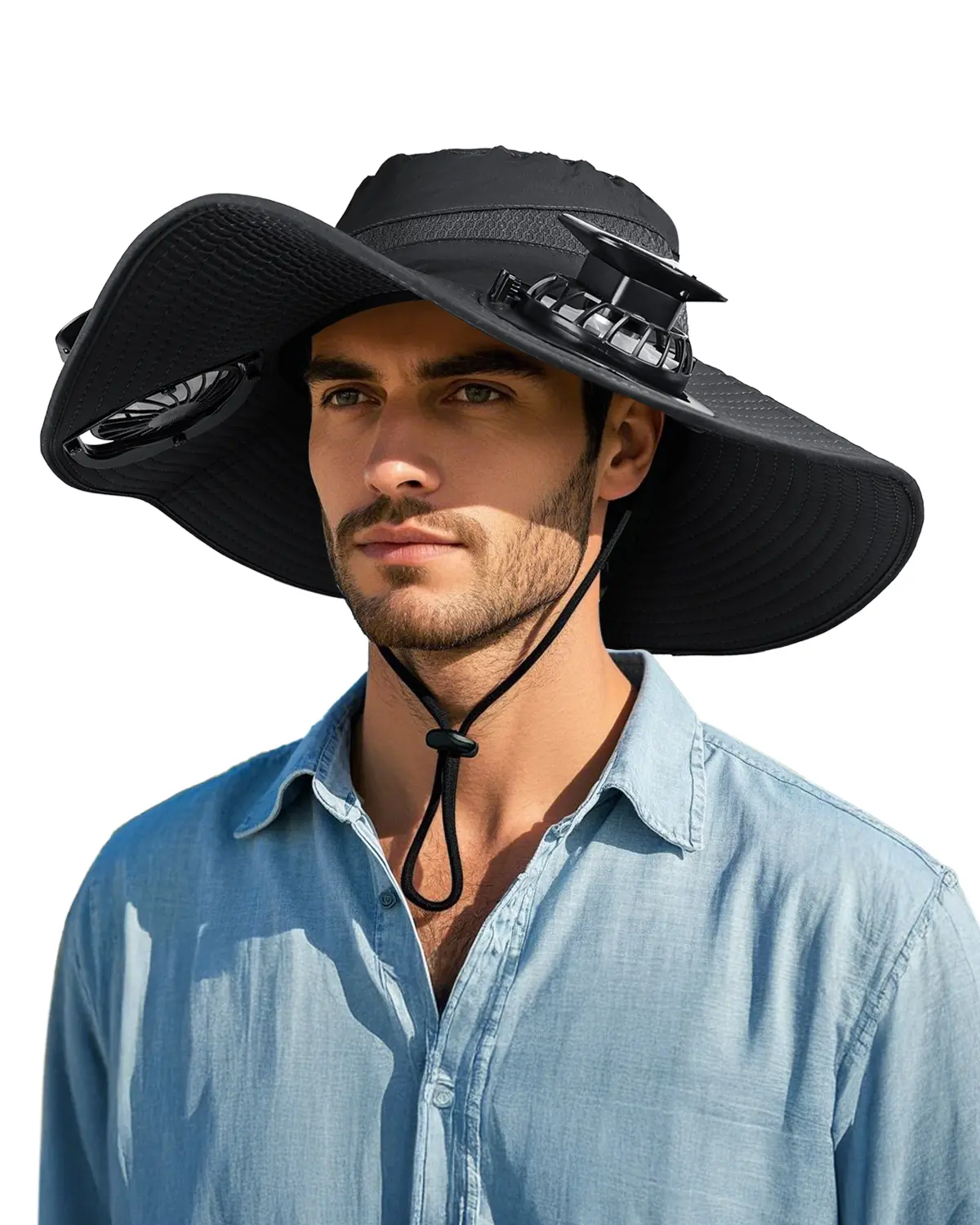 Solar outdoor fishing hat with 2 fans, wide brim for summer sun protection, bucket hat style, quick-drying, rechargeable, adjustable headband, cool and breathable, high airflow, long battery life, suitable for various outdoor activities.,summerwins,father
