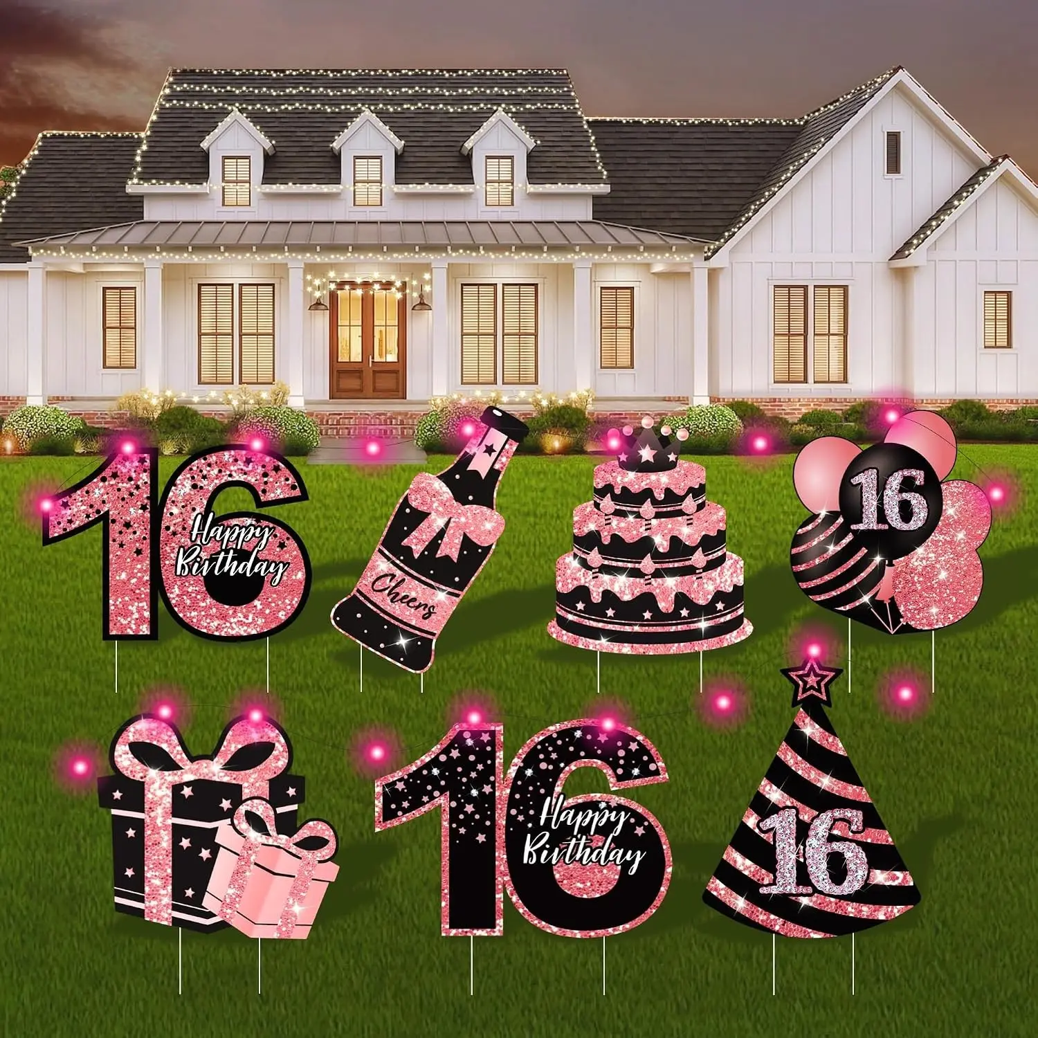 ComboJoy Sweet 16 Birthday Decorations - 7 Pcs Black & Pink Sweet 16 Yard Signs with Stakes, 2 Pcs LED Lights, Sparkling at Night, Weatherproof, Perfect Outdoor Lawn Decorations