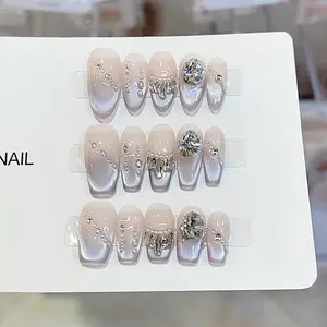 Handmade 10pcs Press On Nails Set - Gray Blue Diamond Design, Available in Small, Medium, and Large Sizes, Includes Jelly Glue Tool Kit