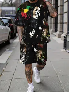 Men's 3D Digital Print Two-Piece Set, Jamaican Reggae Splatter Print Figure Casual Suit, Vacation-Style Trendy Outfit, Aesthetics, Breathable Sports-Casual Style, Perfect Gift for Men on Festivals