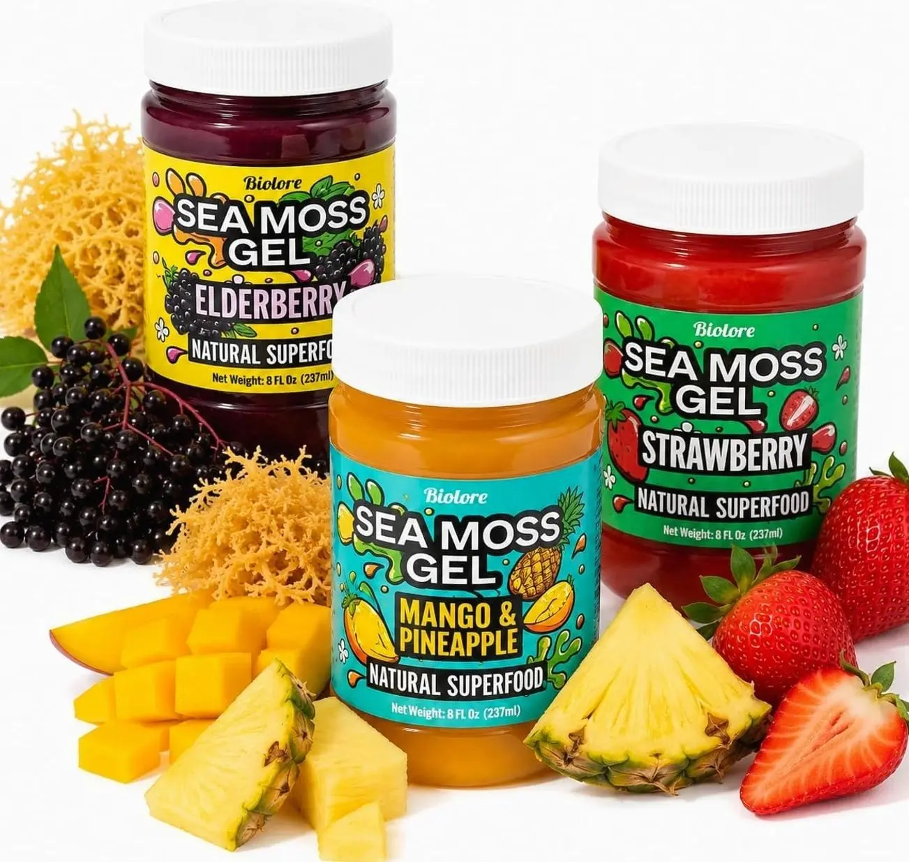 Biolore Sea Moss Gel Set of 3 – Total 24oz – Flavored Superfood with Natural Electrolytes – Mango-Pineapple, Elderberry, Strawberry – Wildcrafted Mango Jam Sea Moss – Minerals, Vegan, Made in USA
