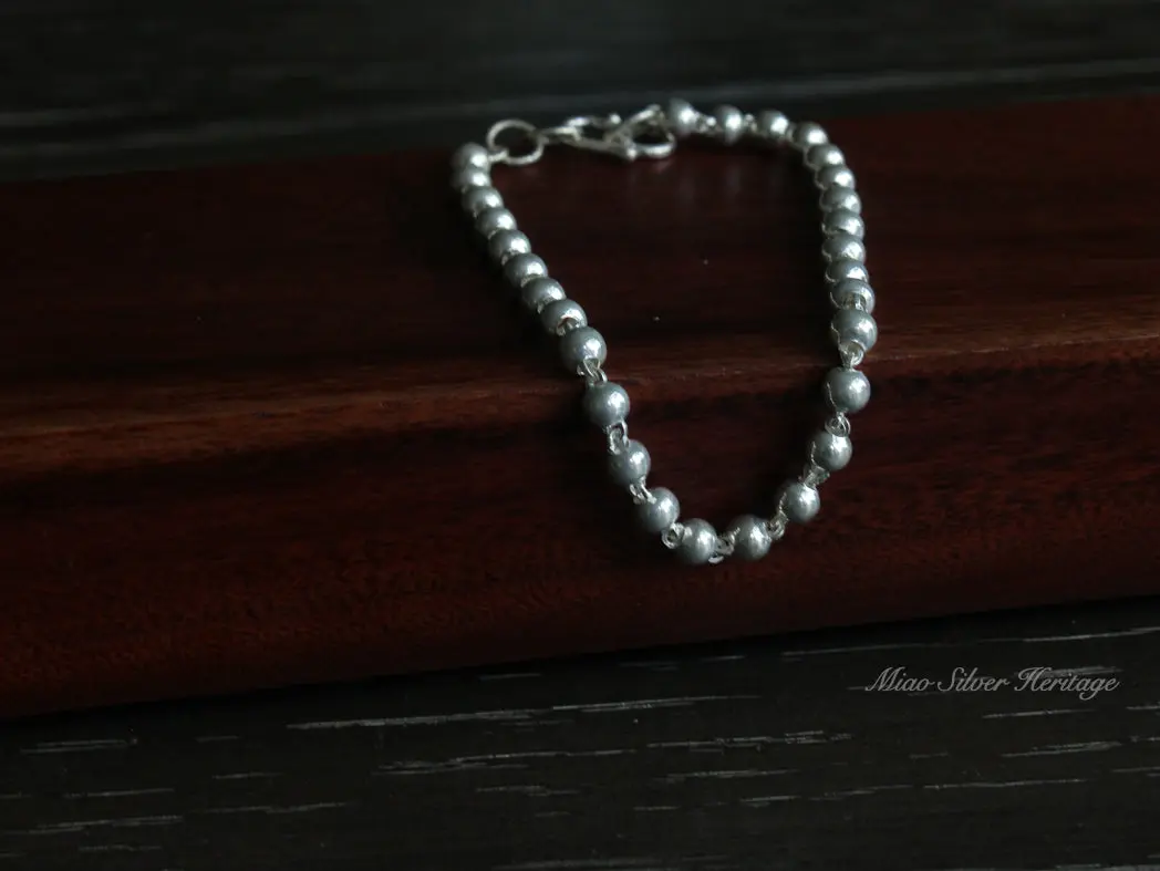 925 Sterling Silver Bead Bracelet, Silver Ball Bracelet, Chain Bracelet, Hmong Silver Bracelet for Women Girls, Miao Silver Heritage, Silver Bangle Bracelet for Minimalist