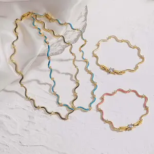 HECHENG,Fashion Enamel Chains Necklace Bracelet Jewelry Sets Brass Chain Wave Multicolor Women  Wedding Gifts