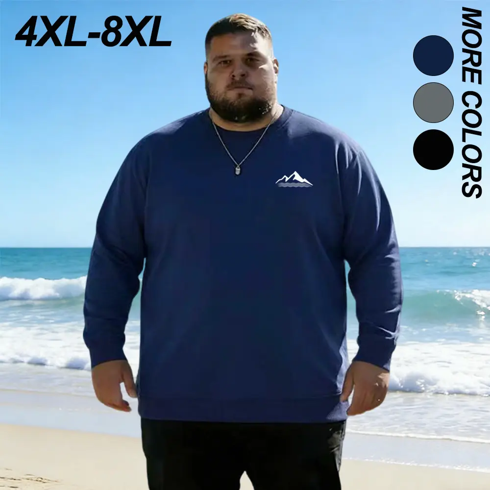 【4XL-8XL】1-pack men’s plus-size printed crewneck long-sleeve sweatshirt, comfortable and breathable with a relaxed, oversized fit; solid color, simple and versatile long-sleeve design suitable for everyday commuting and casual sports.