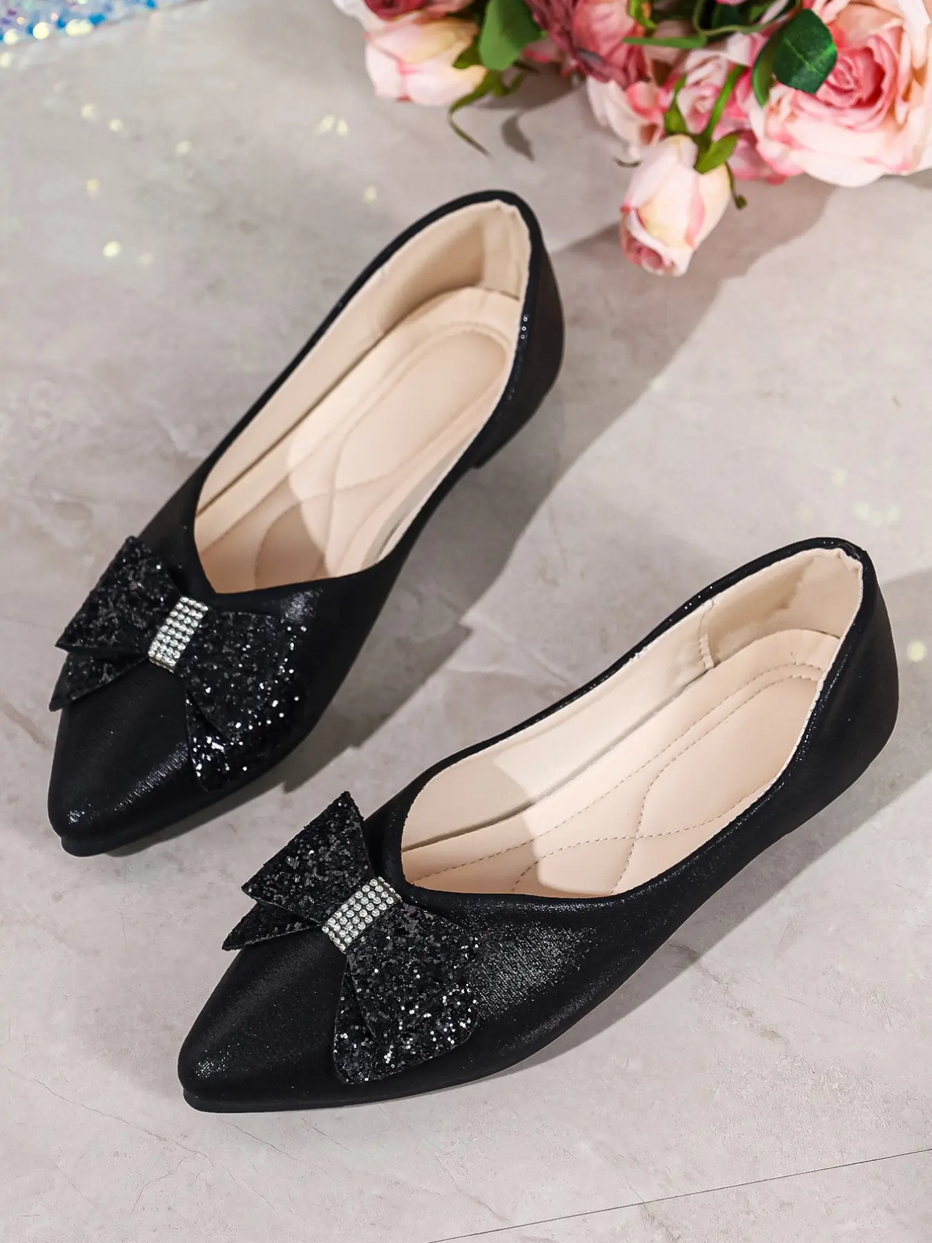Sparkling Rhinestone Bow Pointed Toe Low Heel Flat Women Shoes, Soft Anti-Slip Comfortable Breathable PU Leather All-Season Daily Wear Casual Summer Flats Pointed Flats