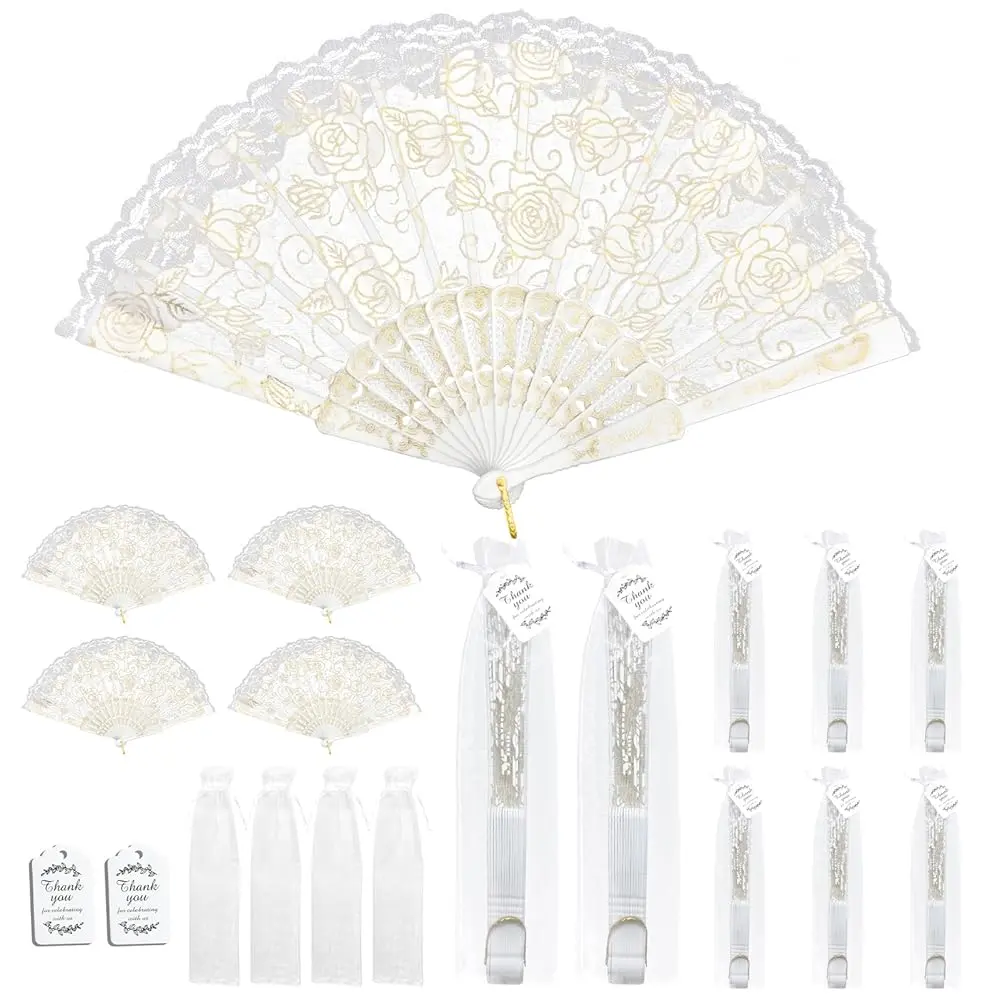 EOSAU (50 Pack White) Handheld Traditional Folding Fan Lace Hand Fans for Women Foldable Bulk for Decor Party Wedding Church Dancing Decoration Items Decorations Supplies handheld fan