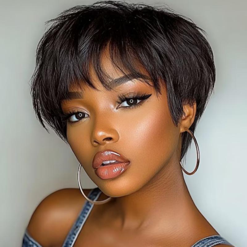 UNice Short Pixie Cut Human Hair Glueless Wig With Full Bangs Beginners Friendly Short Straight Layed Wig for Daily Use