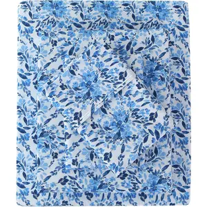 Floral Full Sheet - 4 Vintage Blue Flower Clusters Patterned -, Microfiber with Deep Pocket,-Slip  Pillowcases
