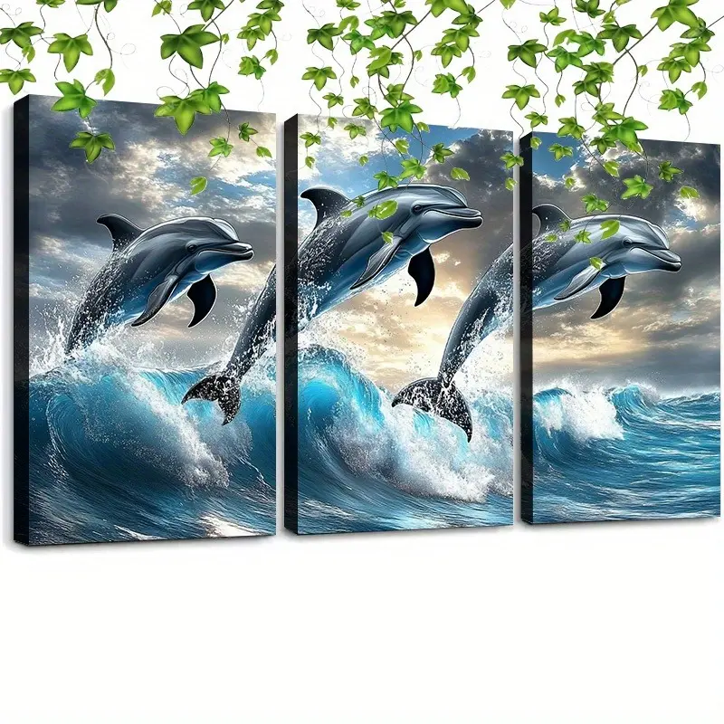 3pcs Framed Jumping Dolphin Canvas Wall Art,  Vibrant Blue Sea  Bathroom Pictures, Wood Frame, Marine-Inspired Home Office Decor with Green Foliage Accents, Dolphin Decor ， animal print Poster Ornaments