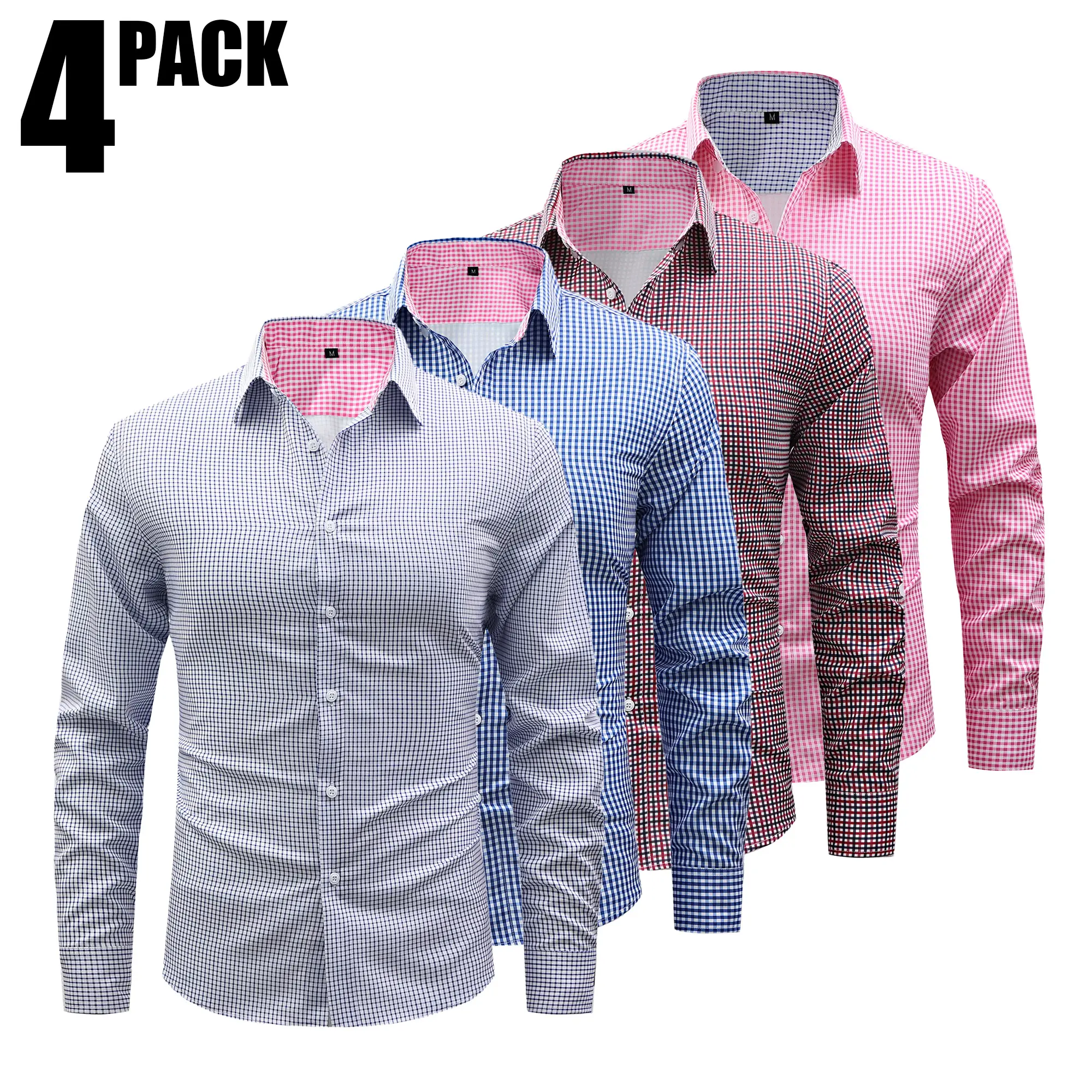 4-Pack Men’s Plaid Long Sleeve Shirts – Business Casual, Versatile Small Check Pattern, Wrinkle-Free & Breathable Commuter Tops summerwins