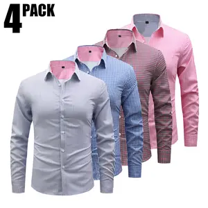 4-Pack Men’s Plaid Long Sleeve Shirts – Business Casual, Versatile Small Check Pattern, Wrinkle-Free & Breathable Commuter Tops