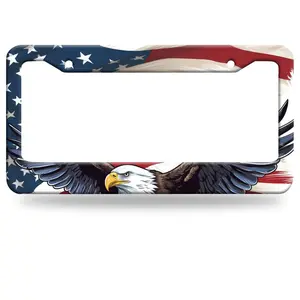 American Flag Eagle Stainless Steel - Round-Hole License Plate Frame | Alumina, Funny, 2-Hole, 12 x 6 Inch | Car Accessories Number Plates