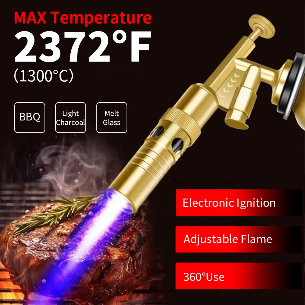 Yaesina Professional Kitchen Butane Torch Head, Professional Grilling Tool with Adjustable Flame, Upgraded Culinary Blow Torch Lighter for Cooking, Anti-flare & Incl. Stabilizing Stand, 360° Use for BBQ, Soldering, & Campfire (Butane Not Included)