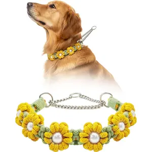 Hosiwei Boho Style Handmade Braided Cotton Daisy Dog Collar - Adjustable Sliding Ring with Flowers Pearls| Decorative Bohemian Pet Fashion Necklace Accessories for Daily Wear & Party