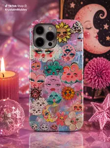 Whimsical Celestial Phone Case, Moon Face iPhone Case, Colorful Cosmic Art Phone Cover, Cute Aesthetic Protective Tough Case for iPhone 11 12 13 14 15 16 17 Pro Max, Gift for Cosmic Art Lovers