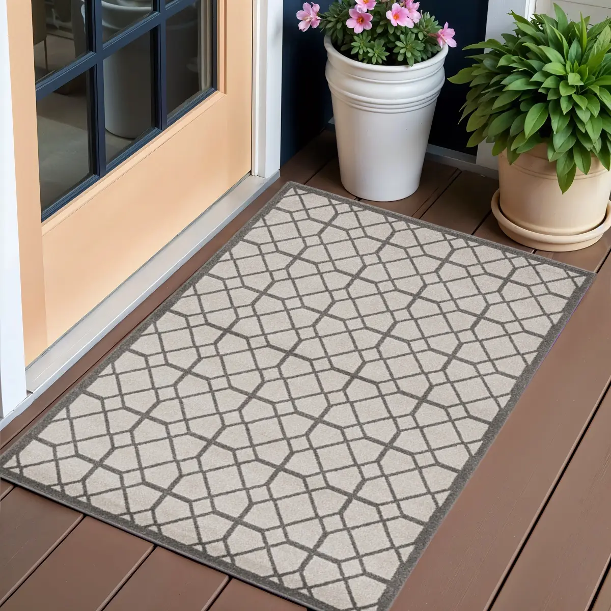 2' x 4' Ivory Geometric Polypropylene Area Rug, Machine Woven, Fade Resistant for Indoor & Outdoor Use