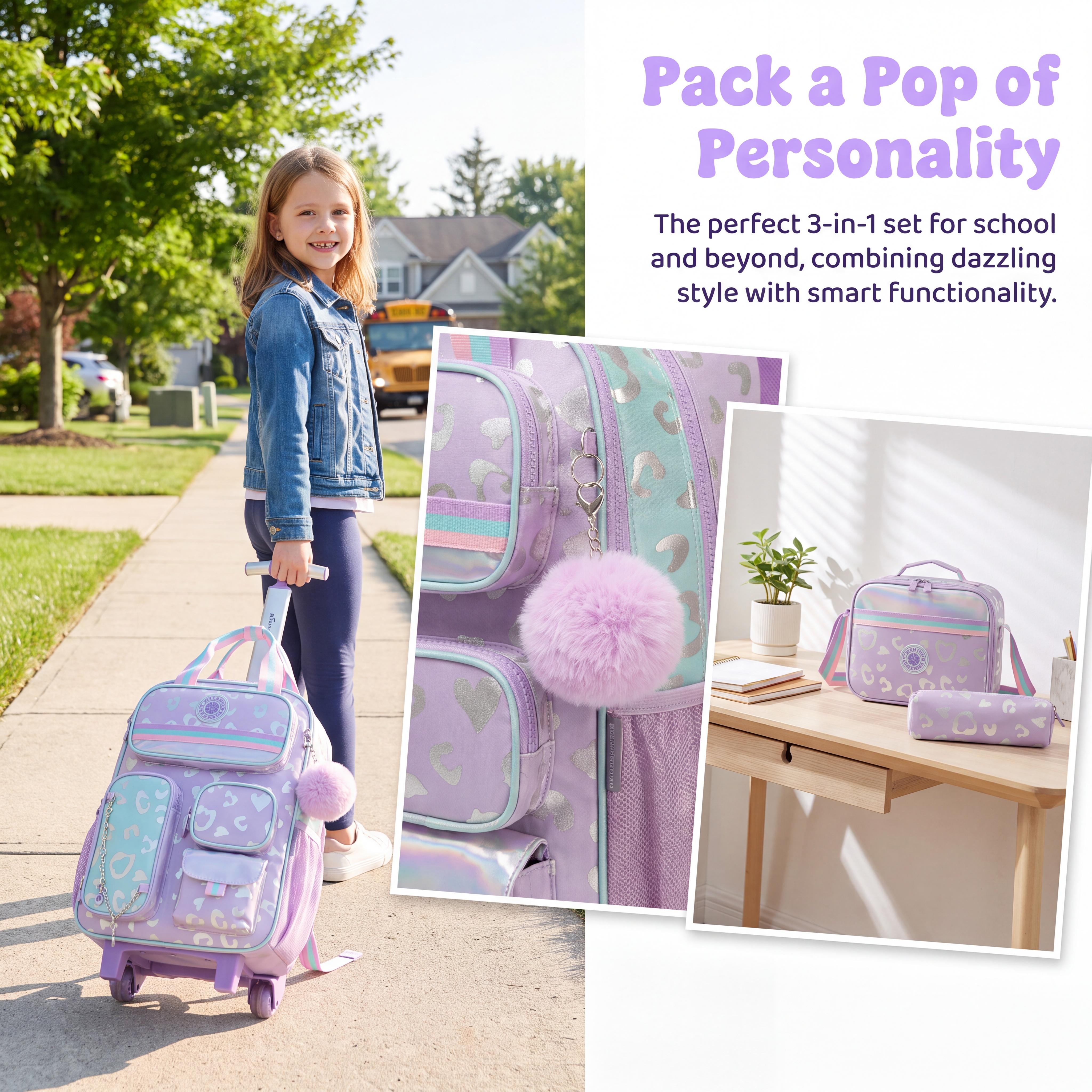 Lavender Purple 3-Piece Rolling Backpack Set for School Use - Polyester Preppy Holiday Trolley Bookbag with Metallic Leopard Heart Print, Multi-Pocket Utility Pouches, Purple Pom Pom, Insulated Lunch Bag & Pencil Case
