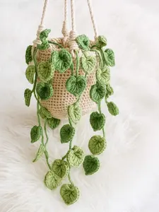 Crochet Hanging Vine Plant, Handmade Amigurumi Leafy Pothos, Macrame Yarn Pot Boho Wall Decor, Zero Maintenance Green Gift