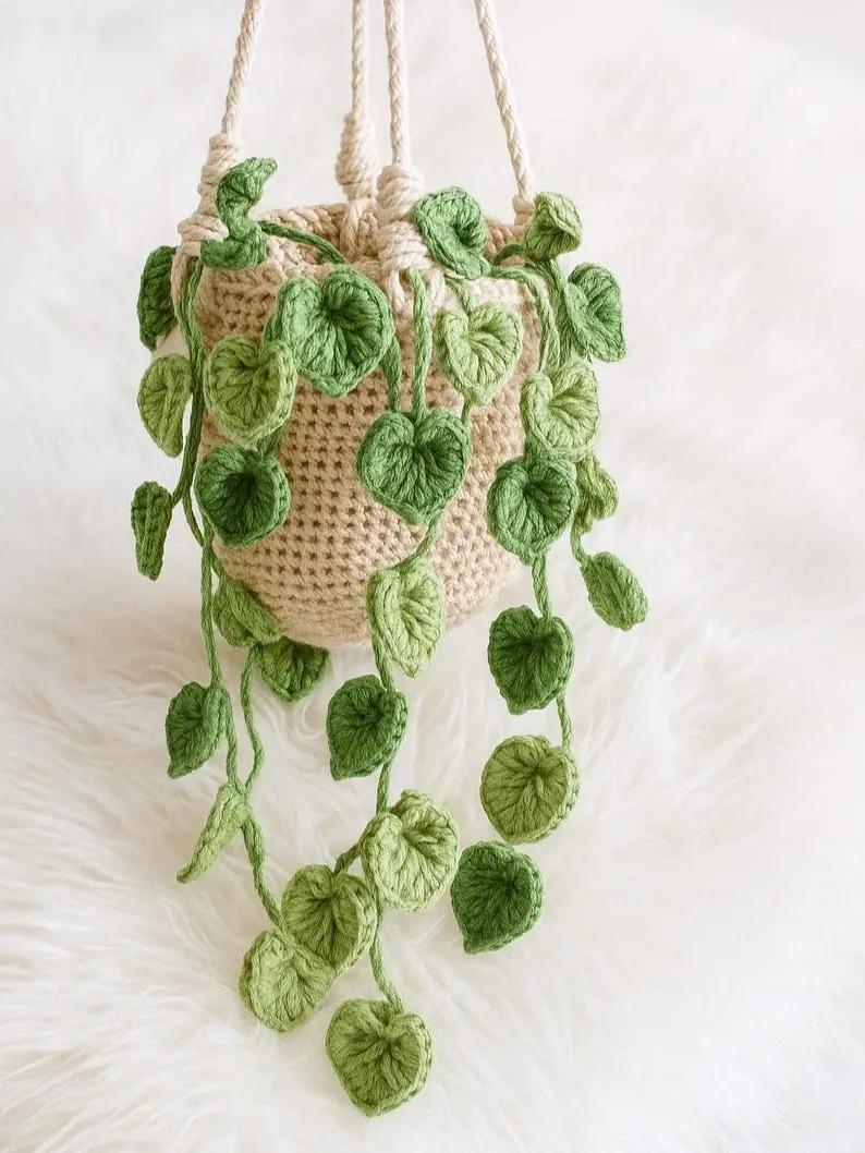 Crochet Hanging Vine Plant, Handmade Amigurumi Leafy Pothos, Macrame Yarn Pot Boho Wall Decor, Zero Maintenance Green Gift