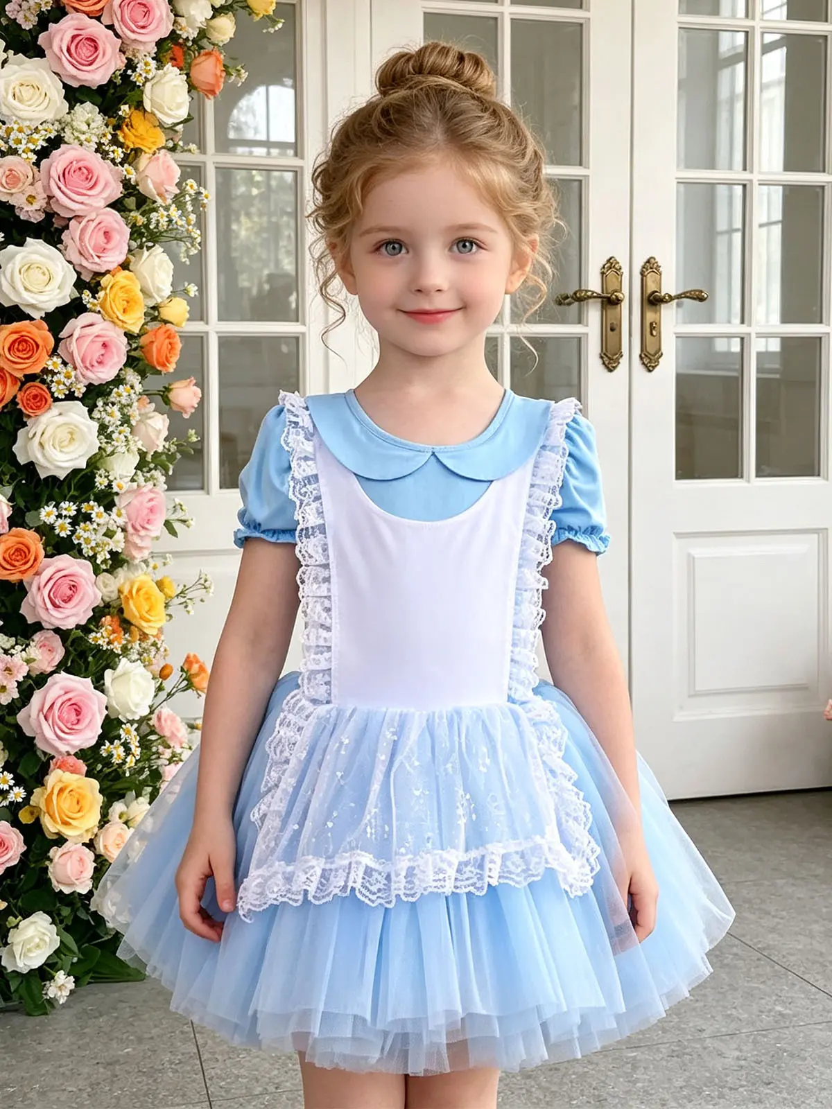 Girls Alice Princess Costume Dress Peter Pan Collar Lace Apron Layered Tulle Tutu Dress Kids Birthday Party Fancy Outfit Multiple Colors Available easter hannah clothing