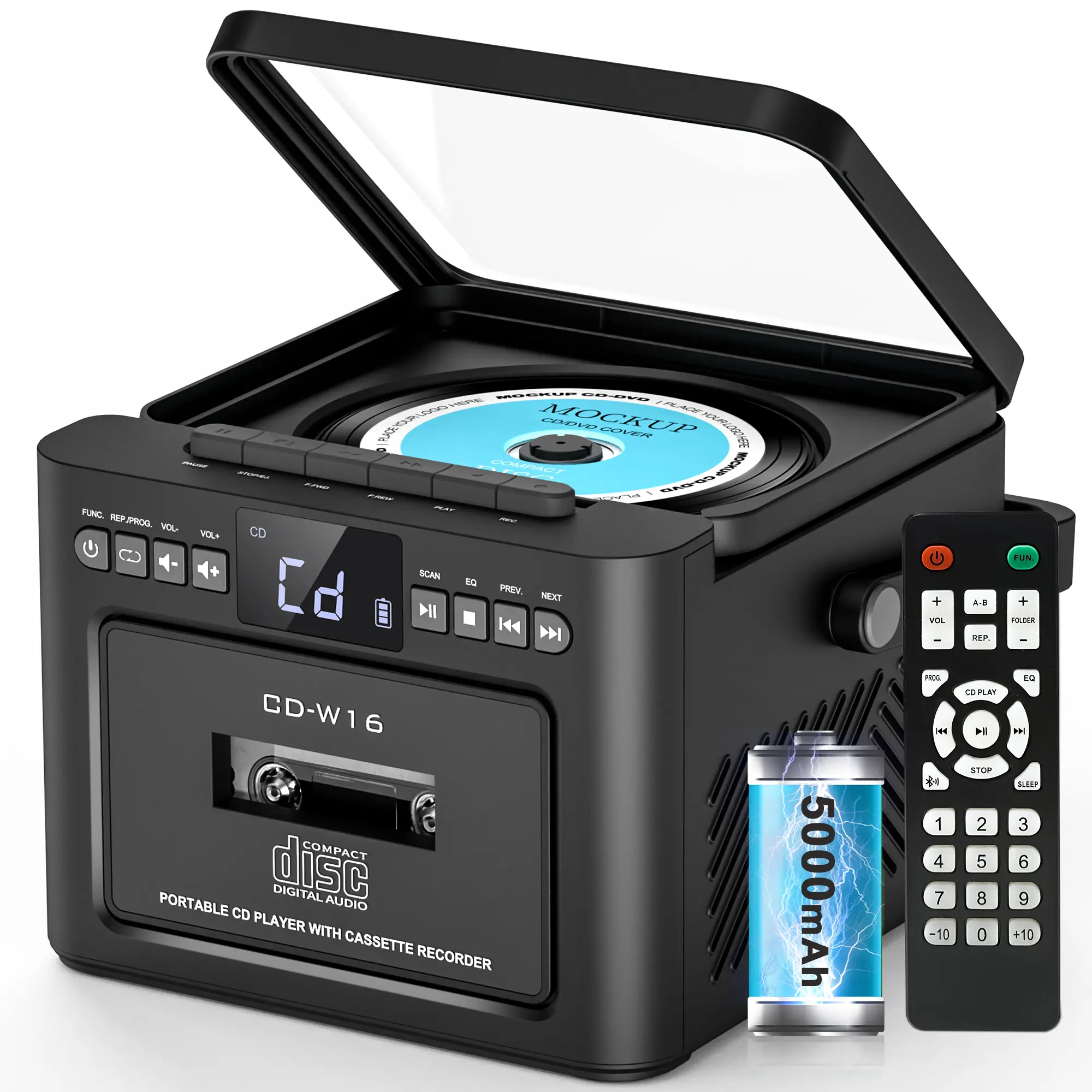 Greadio Compact 9-in-1 Rechargeable CD Player Boombox - Mini Portable Stereo Audio Sound System with Cassette, Bluetooth, FM Radio, USB/TF/AUX, 5000mAh Battery, Remote Control, LED for Home & Outdoor Use