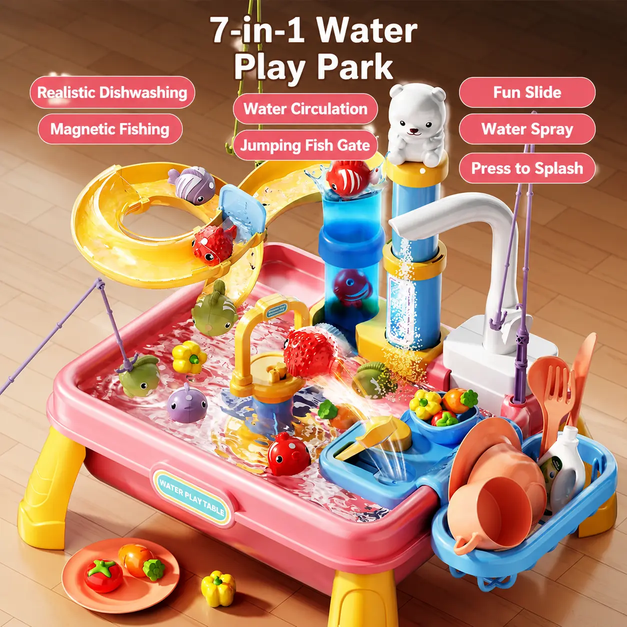 Ploomi 2026 Upgraded Water Table for Toddlers 3+, Water Table for Kids Ages 4-8 with Pump, Play Sink with Running Water, Kitchen Sink for Toddlers, Fishing Game and Outside Sensory Toys