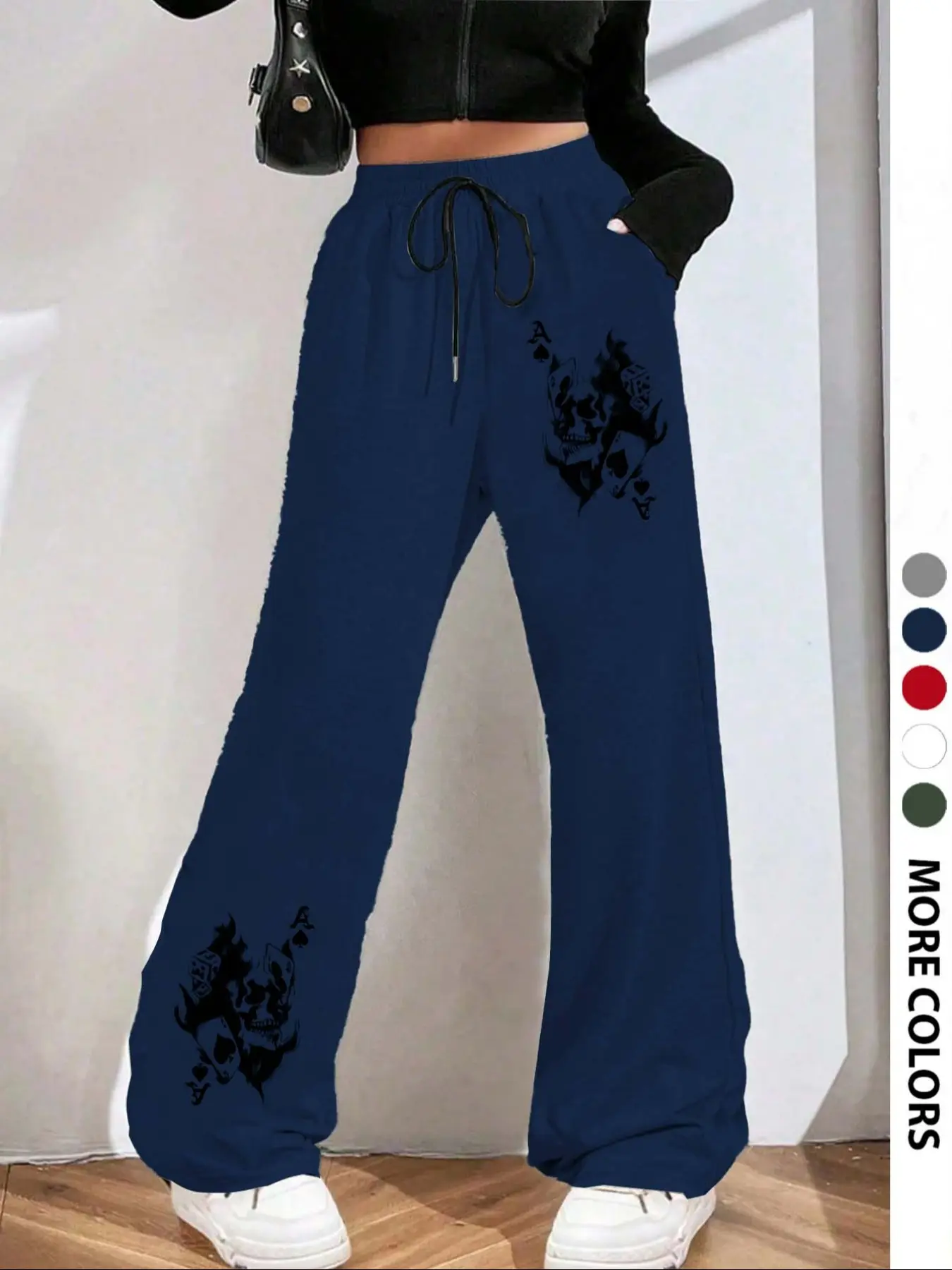 Women's Casual Loose-Fit Long Pants, Skull Poker Graphic Print Drawstring Wide Leg Sweatpants, All-Season Fashionable Ladies' Clothing, Casual Wear Bottoms