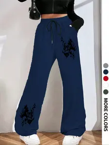 Women's Casual Loose-Fit Long Pants, Skull Poker Graphic Print Drawstring Wide Leg Sweatpants, All-Season Fashionable Ladies' Clothing, Bottoms