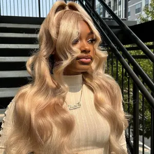 Ash Blonde Milk Tea 13X6 Lace Frontal Human Hair Wigs 200% Density Human Hair Wig Body Wave Upgrades Ash Blonde Colored Wig Natural Hairline Can Be Restyled