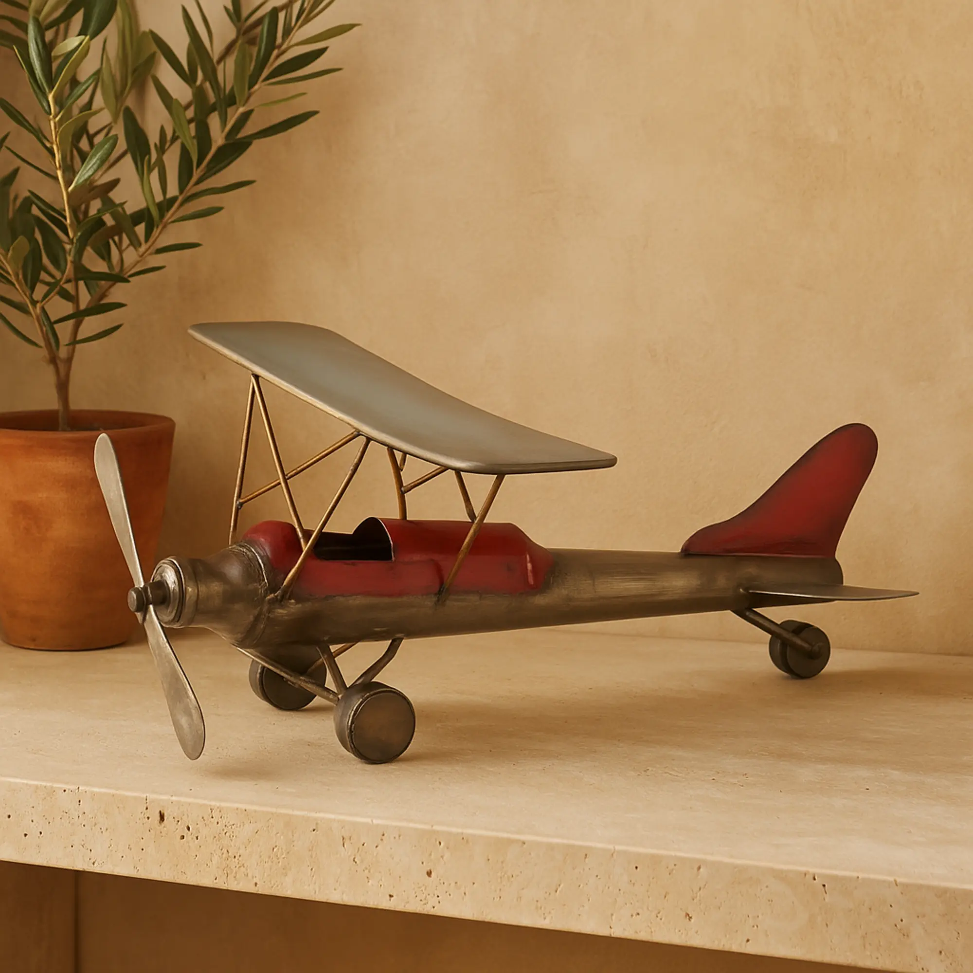 Airplane-Shaped Gray Iron Figurine, Artistic Antique Metal Home Decor Sculpture, Home Supplies Decoration Piece