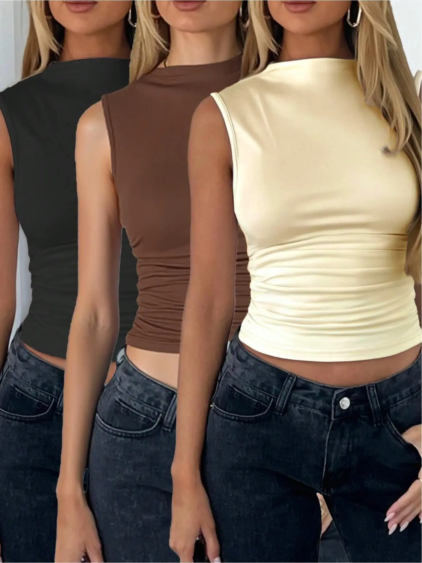 Women's Solid Color Racerback Mock Turtle Neck Tank Top, Casual Sleeveless Top for Daily Wear, Ladies Clothes for Spring & Fall, Gamis