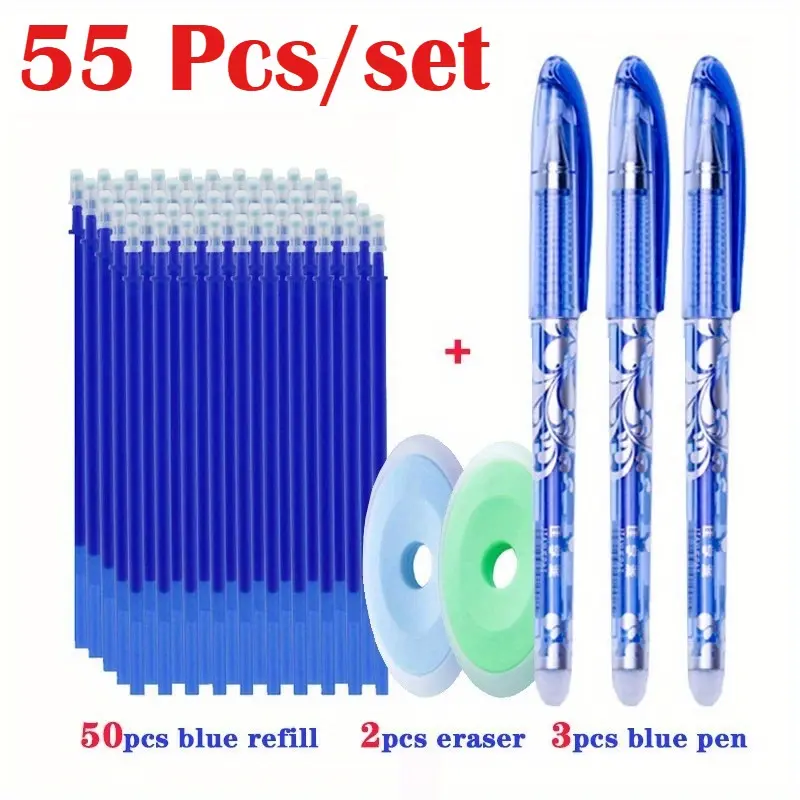 55pcs/Set 0.5mm Blue Black Ink Gel Pen Erasable Refill Rod Erasable Pens for School Writing Stationery Gel Ink Ballpoint Pens study supply