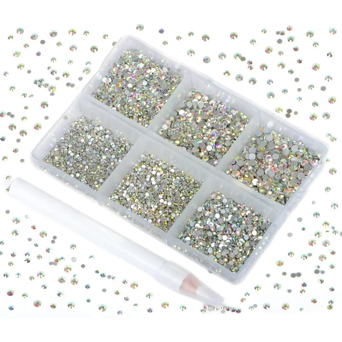 7200 Pieces 6 Mixed Sizes Glue Fix Rhinestones, Round Crystal Gems Flatback for DIY Jewelry, Includes Picking Pen, Crystal Ab Color, Nail Rhinestones Charms, Rhinestone Nails, Nail Decoration Supplies