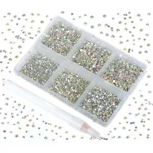 7200 Pieces 6 Mixed Sizes Glue Fix Rhinestones, Round Crystal Gems Flatback for DIY Jewelry, Includes Picking Pen, Crystal Ab Color, Nail Rhinestones Charms