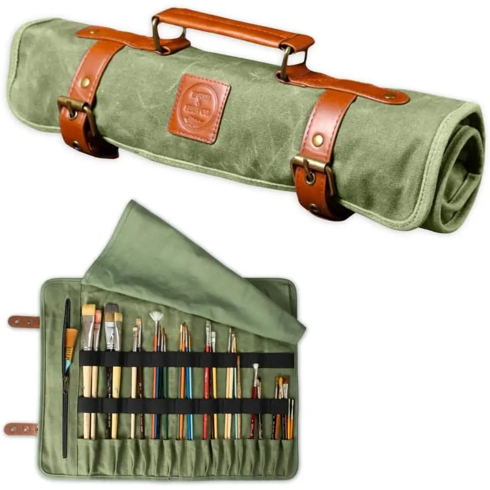 Waxed Canvas  Leather  Brush Holder - Art Bag for Painting, Drawing  Art Supplies - 16 Pocket Rectangular Green /Rustic Classic  Brush Case