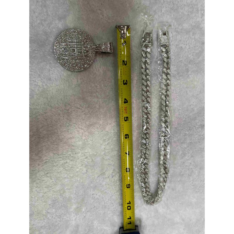 Chicago Necklace Silver Plated STAY HUMBLE HUSTLE HARD Pendant & 14mm 20" Iced out Cubic Zirconia Zig Zag Cuban Bling Chain Hip Hop Necklace