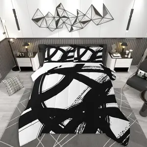 Black and White Comforter Set, Abstarct Bedding Set, Modern Stripe Neutral Art Duvet Quilt, Bedroom Decor Microfiber