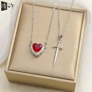 Sword & Heart Necklace Set| Dainty Red Crystal Heart & Dagger Pendant Silver Chain Gift